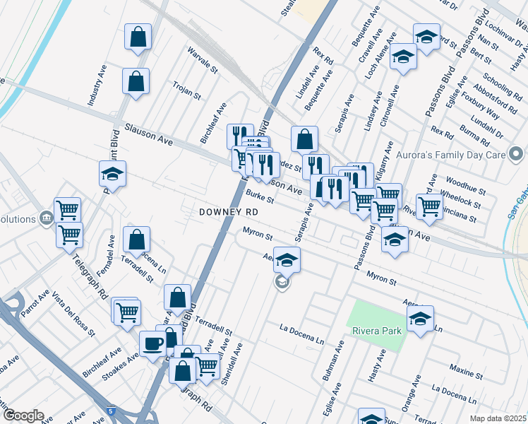 map of restaurants, bars, coffee shops, grocery stores, and more near 9050 Burke Street in Pico Rivera