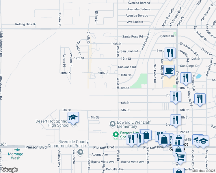 map of restaurants, bars, coffee shops, grocery stores, and more near 8th Street in Desert Hot Springs
