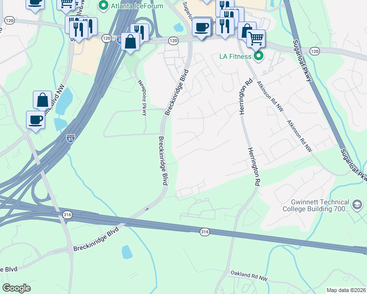 map of restaurants, bars, coffee shops, grocery stores, and more near 1647 Eric Circle in Lawrenceville