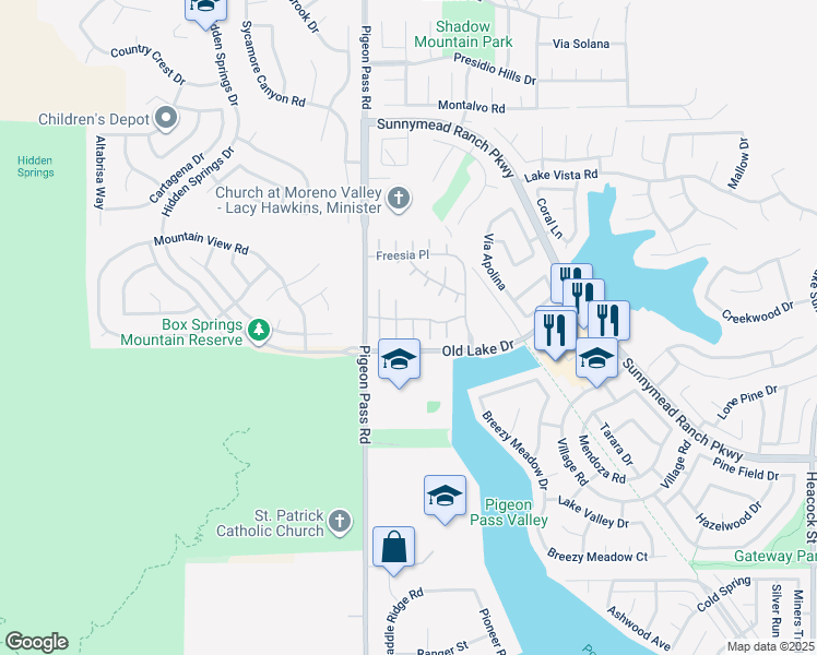 map of restaurants, bars, coffee shops, grocery stores, and more near 10459 Nighthawk Court in Moreno Valley