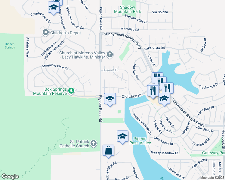 map of restaurants, bars, coffee shops, grocery stores, and more near 10459 Nighthawk Court in Moreno Valley