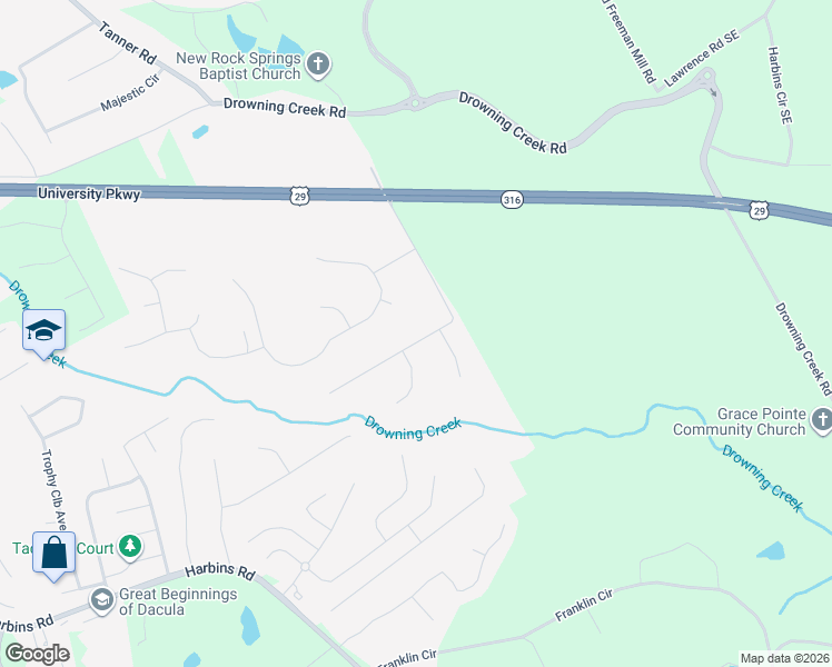 map of restaurants, bars, coffee shops, grocery stores, and more near 2960 Williams Farm Drive in Dacula