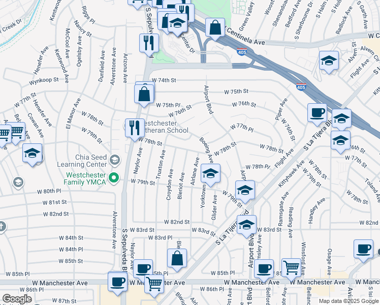 map of restaurants, bars, coffee shops, grocery stores, and more near 7802 Bleriot Avenue in Los Angeles