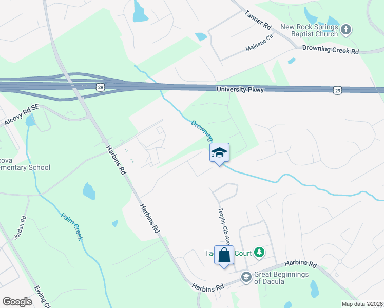 map of restaurants, bars, coffee shops, grocery stores, and more near 2538 Courtney Renea Dr in Dacula