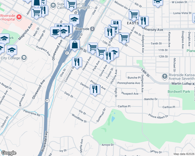 map of restaurants, bars, coffee shops, grocery stores, and more near 2808 Pleasant Street in Riverside