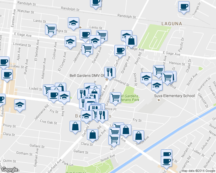 map of restaurants, bars, coffee shops, grocery stores, and more near 7000 Garfield Ave in Bell