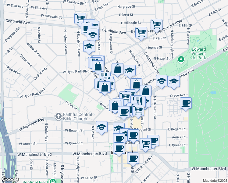 map of restaurants, bars, coffee shops, grocery stores, and more near 417 North Market Street in Inglewood