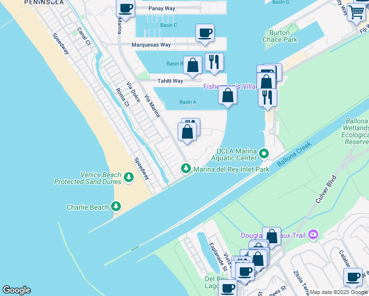 map of restaurants, bars, coffee shops, grocery stores, and more near 4600 Vía Marina in Marina del Rey