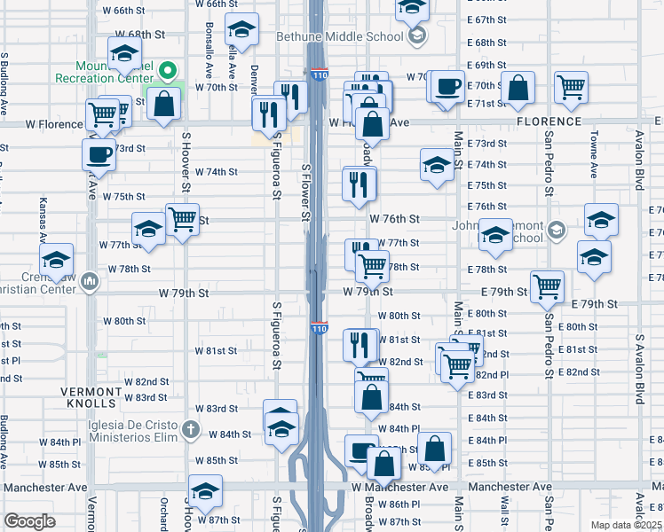map of restaurants, bars, coffee shops, grocery stores, and more near 335 1/2 West 78th Street in Los Angeles