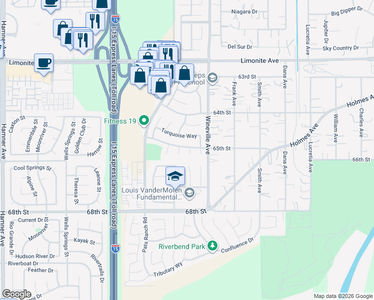 map of restaurants, bars, coffee shops, grocery stores, and more near 6554 Rose Quartz Circle in Jurupa Valley