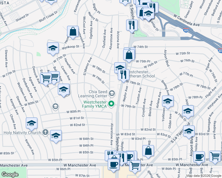 map of restaurants, bars, coffee shops, grocery stores, and more near 6322 West 79th Street in Los Angeles