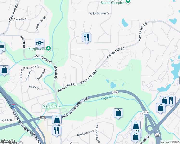 map of restaurants, bars, coffee shops, grocery stores, and more near 748 Barnes Mill Trace Northeast in Marietta
