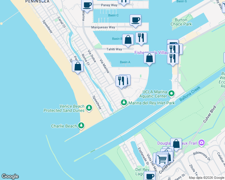 map of restaurants, bars, coffee shops, grocery stores, and more near 138 East Voyage Court in Marina del Rey