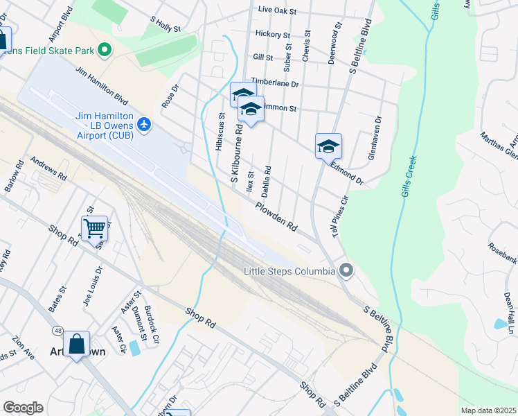 map of restaurants, bars, coffee shops, grocery stores, and more near 3800 Plowden Road in Columbia