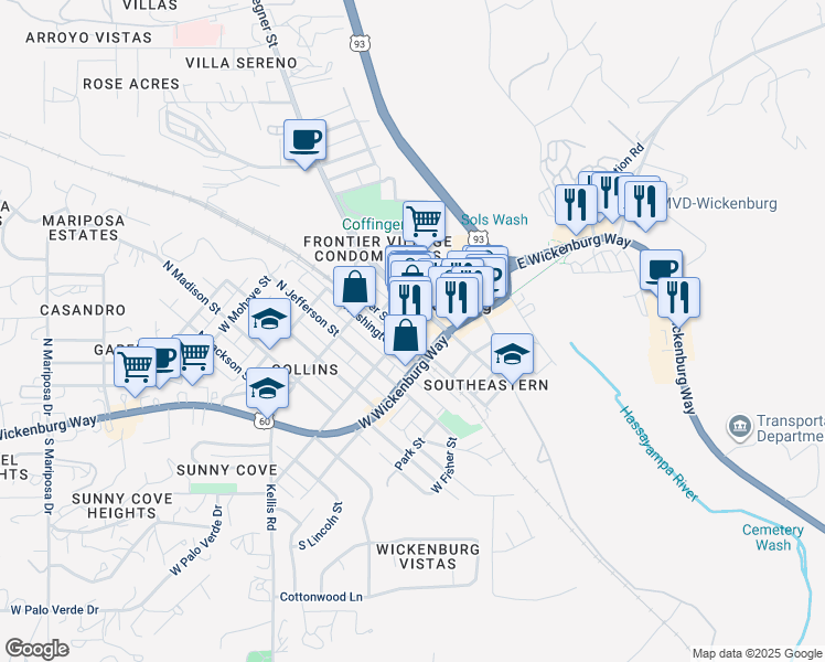 map of restaurants, bars, coffee shops, grocery stores, and more near 55 North Tegner Street in Wickenburg