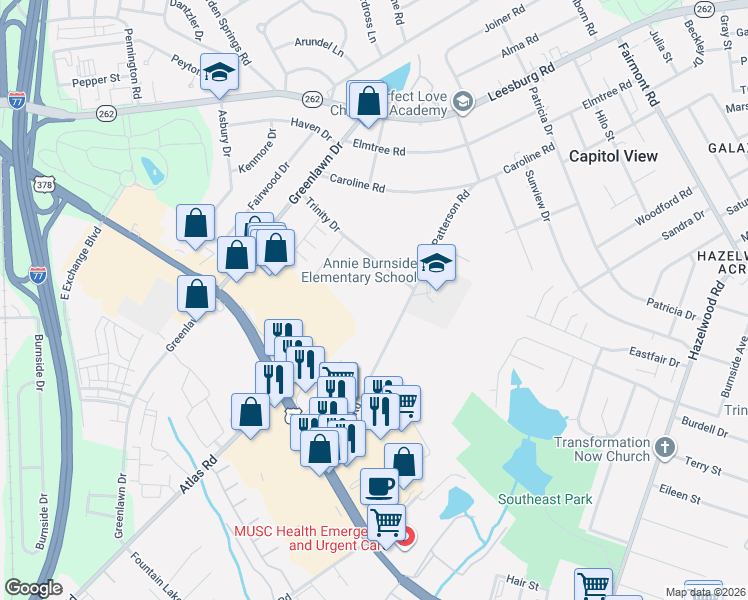 map of restaurants, bars, coffee shops, grocery stores, and more near 7305 Patterson Road in Columbia