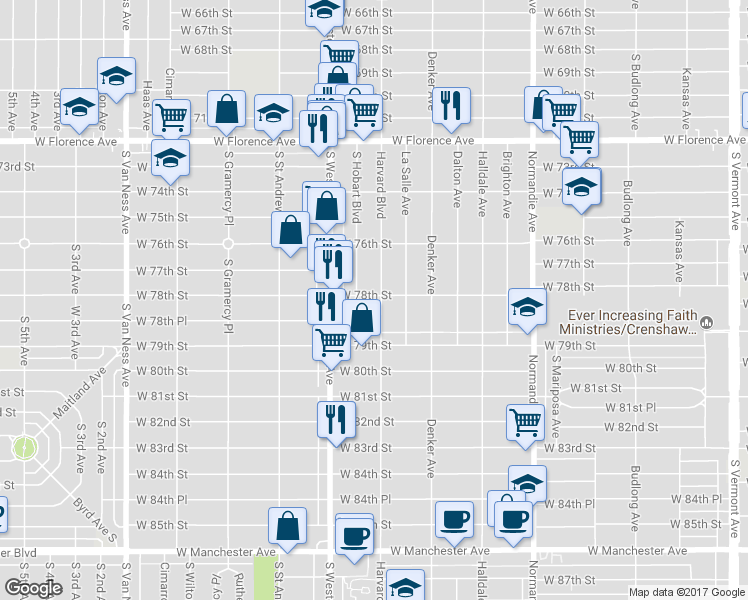 map of restaurants, bars, coffee shops, grocery stores, and more near 7803 Harvard Boulevard in Los Angeles