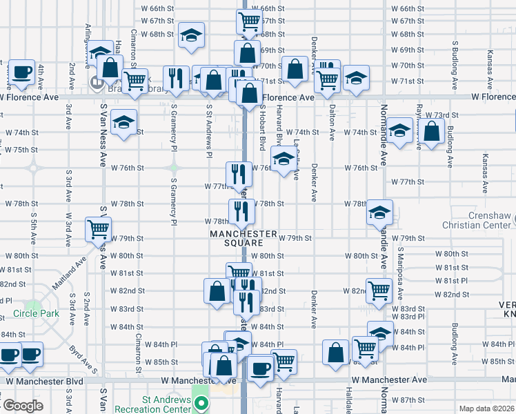 map of restaurants, bars, coffee shops, grocery stores, and more near 7803 South Hobart Boulevard in Los Angeles