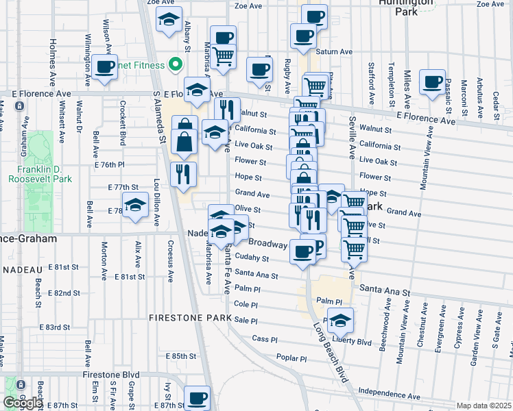 map of restaurants, bars, coffee shops, grocery stores, and more near 2447 Olive Street in Huntington Park