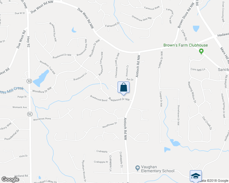 map of restaurants, bars, coffee shops, grocery stores, and more near 457 Braidwood Walk in Acworth