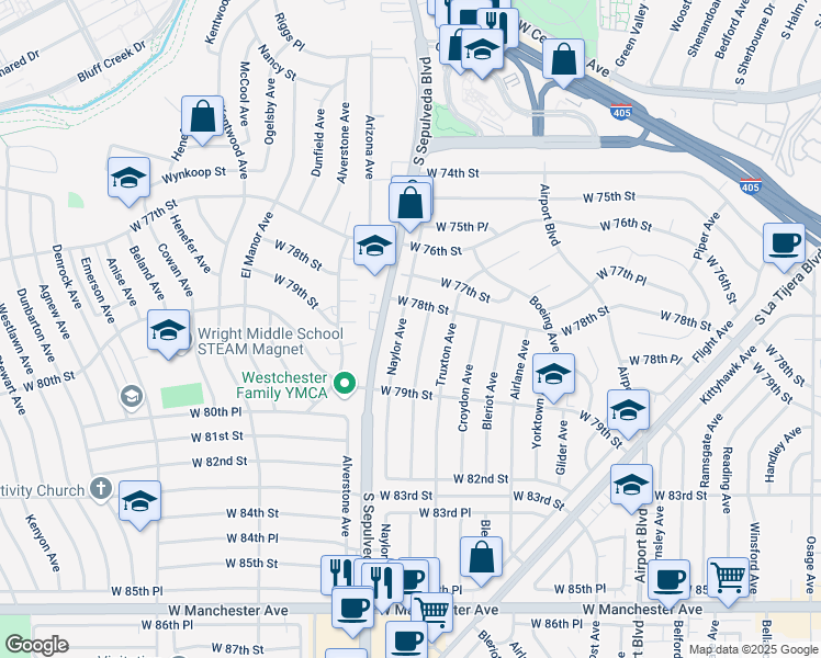 map of restaurants, bars, coffee shops, grocery stores, and more near 7838 Naylor Avenue in Los Angeles