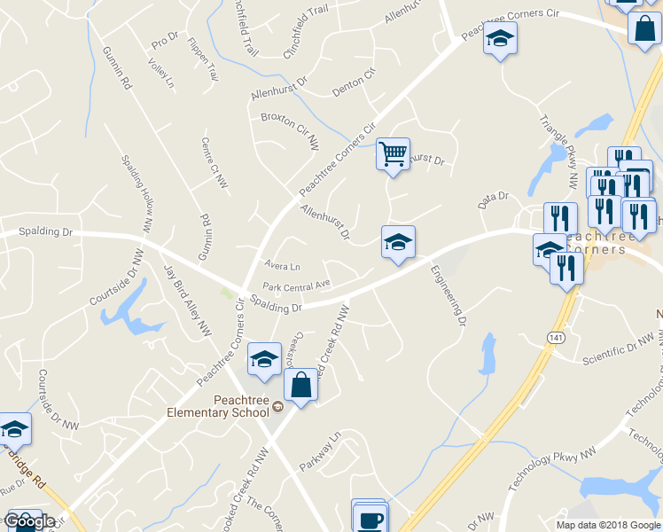 map of restaurants, bars, coffee shops, grocery stores, and more near 3745 Spalding Park Drive Northwest in Norcross