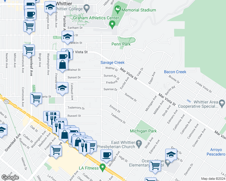 map of restaurants, bars, coffee shops, grocery stores, and more near 7930 Forest Avenue in Whittier
