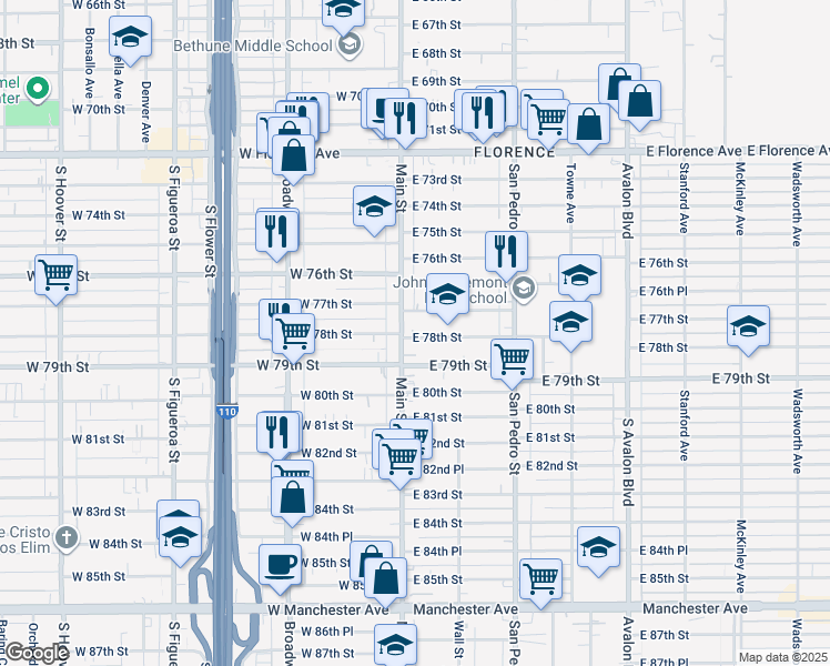 map of restaurants, bars, coffee shops, grocery stores, and more near 111 East 78th Street in Los Angeles