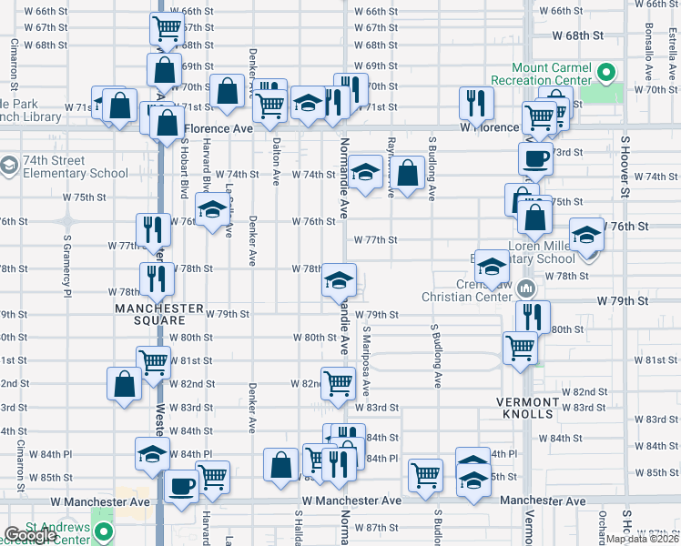 map of restaurants, bars, coffee shops, grocery stores, and more near 7800 Normandie Avenue in Los Angeles
