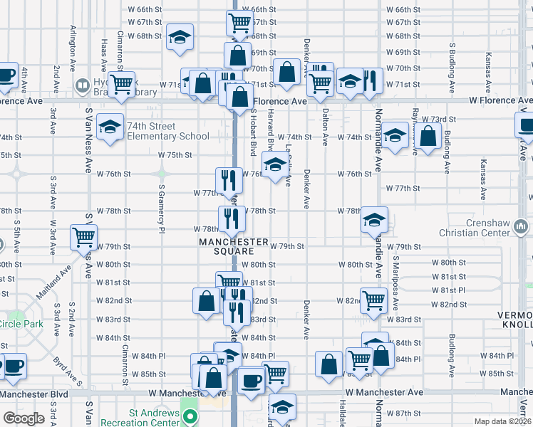 map of restaurants, bars, coffee shops, grocery stores, and more near 7803 Harvard Boulevard in Los Angeles