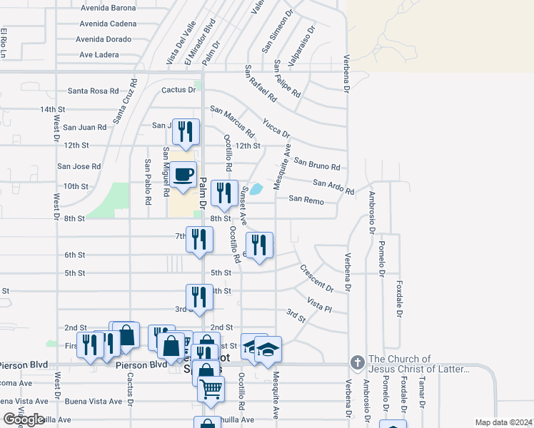map of restaurants, bars, coffee shops, grocery stores, and more near 66718 8th Street in Desert Hot Springs