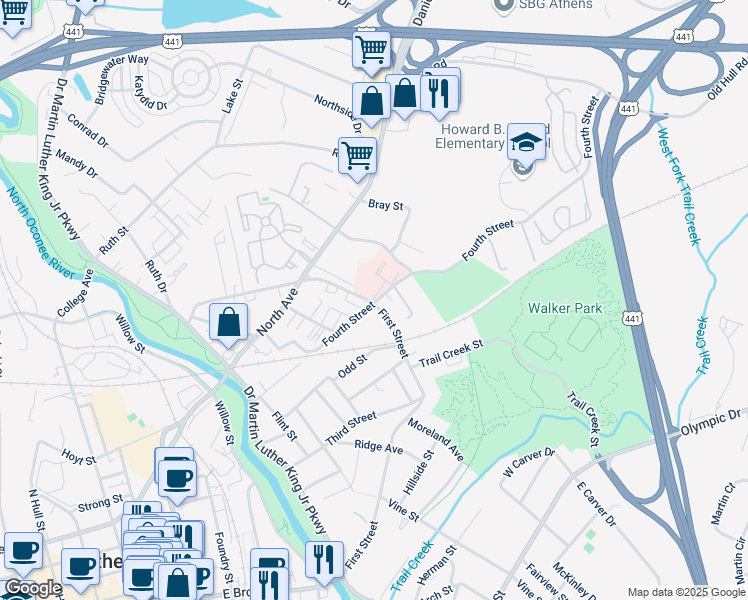 map of restaurants, bars, coffee shops, grocery stores, and more near 537 Strickland Avenue in Athens