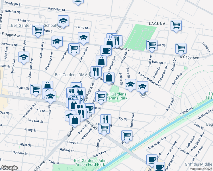 map of restaurants, bars, coffee shops, grocery stores, and more near 6918 Granger Avenue in Bell Gardens