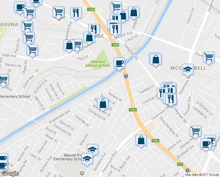 map of restaurants, bars, coffee shops, grocery stores, and more near 8704 Guatemala Ave in Downey