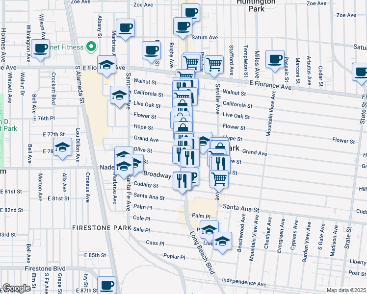 map of restaurants, bars, coffee shops, grocery stores, and more near 7703 Pacific Boulevard in Huntington Park