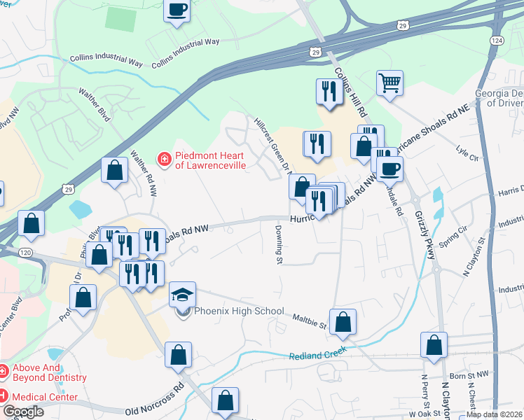 map of restaurants, bars, coffee shops, grocery stores, and more near 182 Hurricane Shoals Road Northwest in Lawrenceville