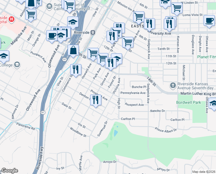 map of restaurants, bars, coffee shops, grocery stores, and more near 4531 Forest Street in Riverside