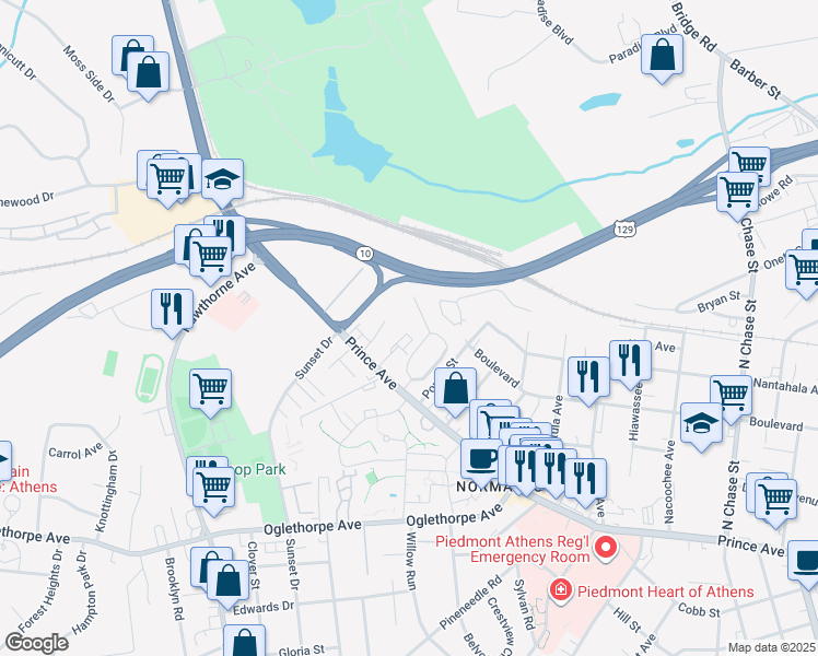 map of restaurants, bars, coffee shops, grocery stores, and more near 102 Sylvia Circle in Athens