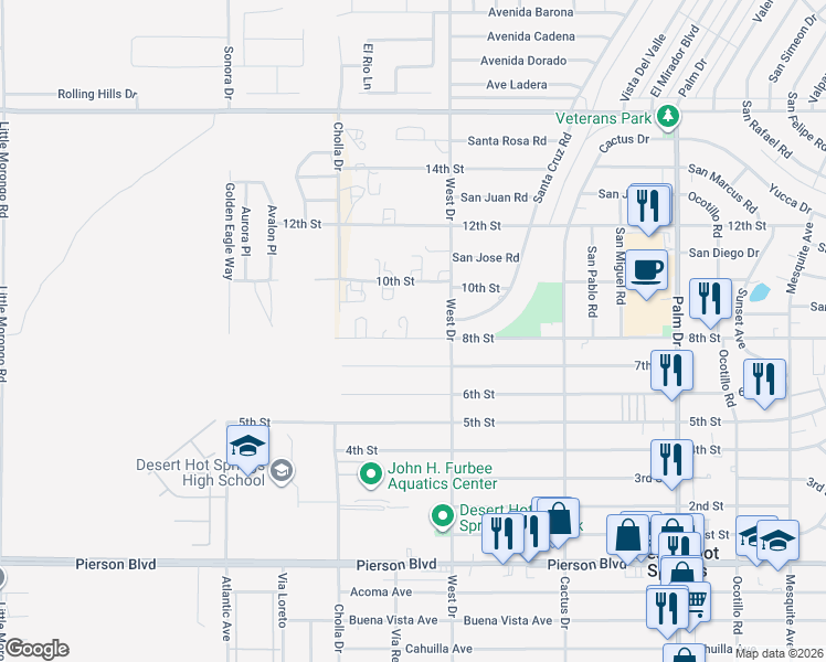 map of restaurants, bars, coffee shops, grocery stores, and more near 8th Street in Desert Hot Springs