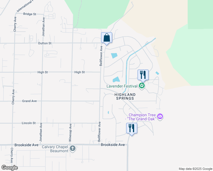 map of restaurants, bars, coffee shops, grocery stores, and more near 10435 Frontier Trail in Cherry Valley