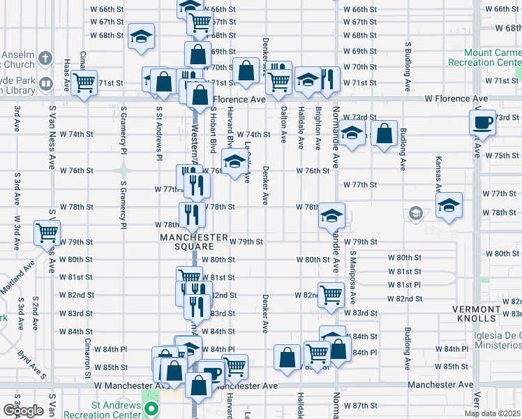 map of restaurants, bars, coffee shops, grocery stores, and more near 7803 Denker Avenue in Los Angeles