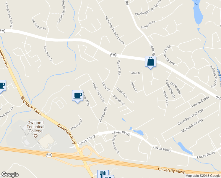 map of restaurants, bars, coffee shops, grocery stores, and more near 1399 Carla Court in Lawrenceville