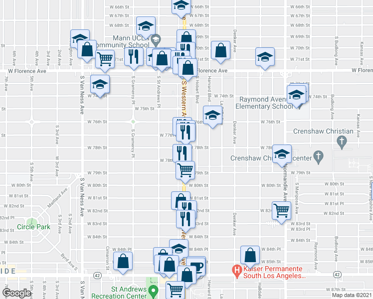 map of restaurants, bars, coffee shops, grocery stores, and more near 7800 South Western Avenue in Los Angeles