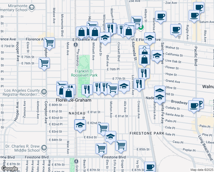 map of restaurants, bars, coffee shops, grocery stores, and more near 1913 East 78th Street in Los Angeles