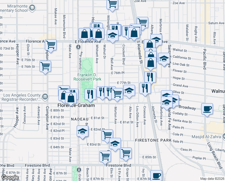 map of restaurants, bars, coffee shops, grocery stores, and more near 1915 East 78th Street in Los Angeles