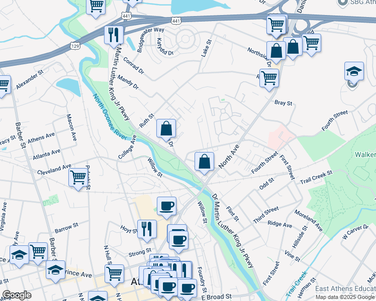 map of restaurants, bars, coffee shops, grocery stores, and more near 145 Strickland Avenue in Athens