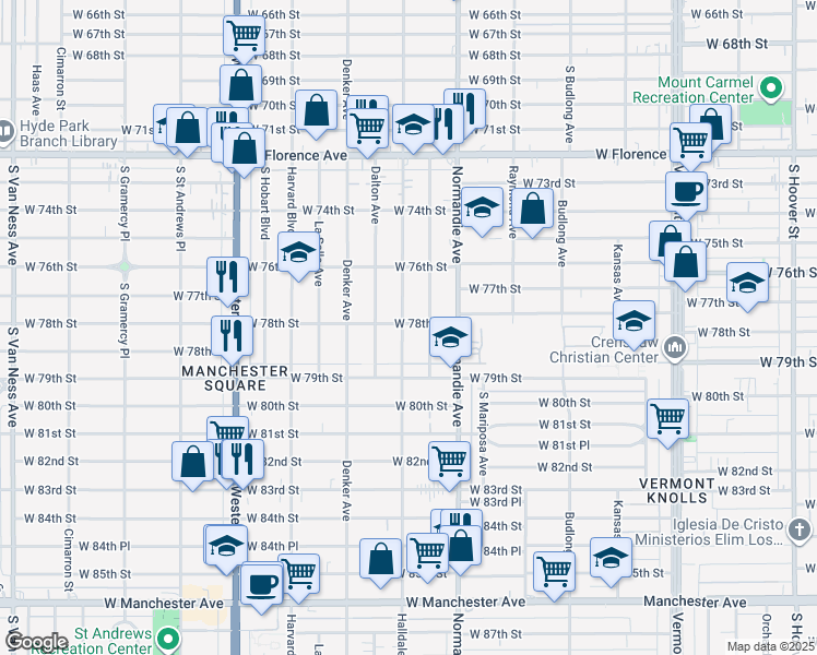 map of restaurants, bars, coffee shops, grocery stores, and more near 7802 South Halldale Avenue in Los Angeles