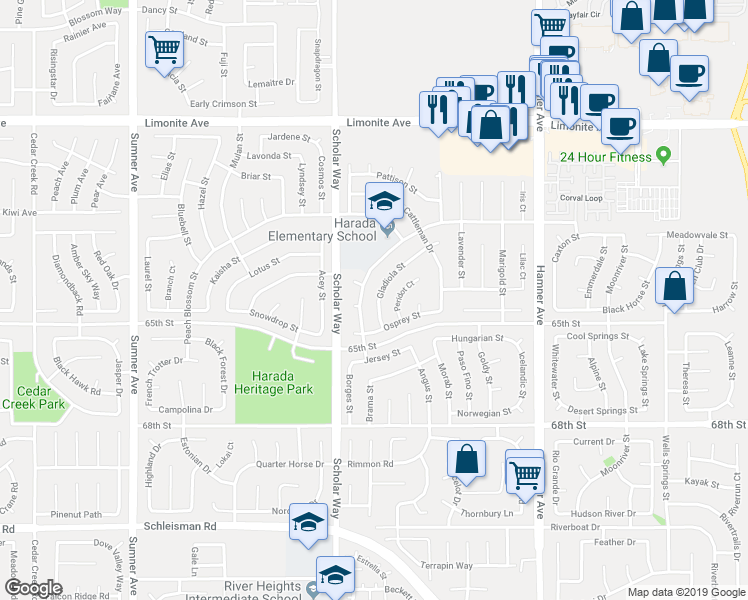 map of restaurants, bars, coffee shops, grocery stores, and more near 6561 Gladiola Street in Corona