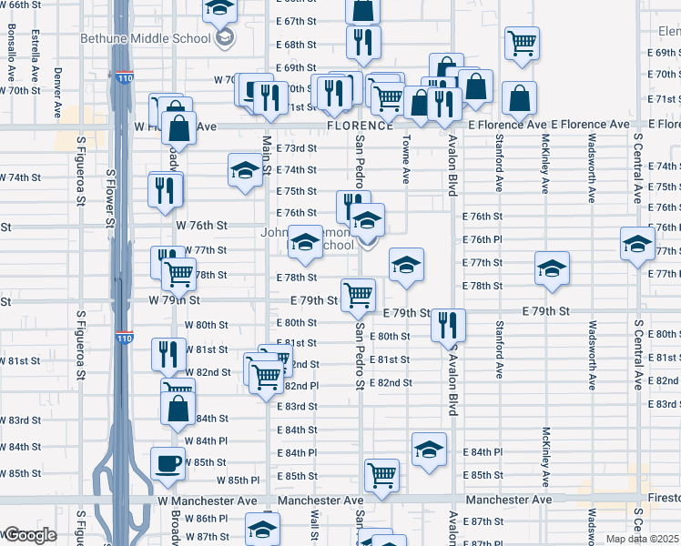 map of restaurants, bars, coffee shops, grocery stores, and more near 239 East 78th Street in Los Angeles