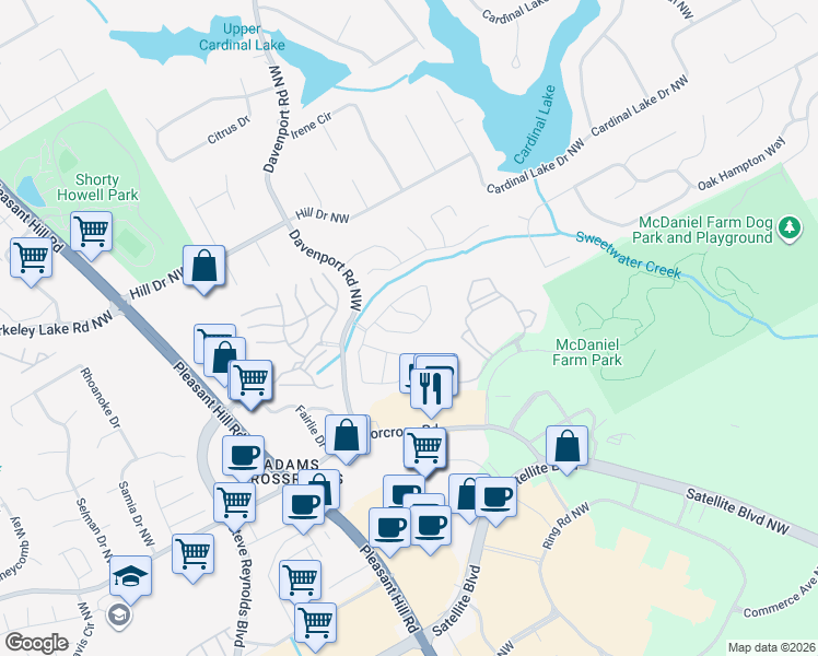 map of restaurants, bars, coffee shops, grocery stores, and more near 3060 Oxwell Drive Northwest in Duluth